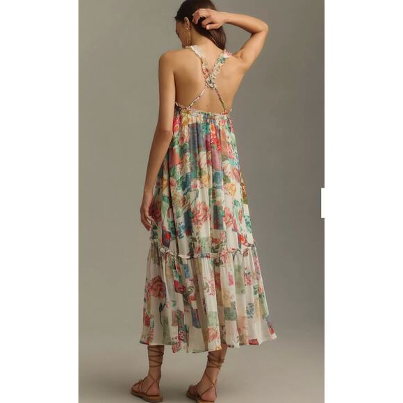 Anthropologie Dress Chiffon Shift Midi Patchwork Print Rose Boho Flowy Nwt XS - Picture 9 of 9